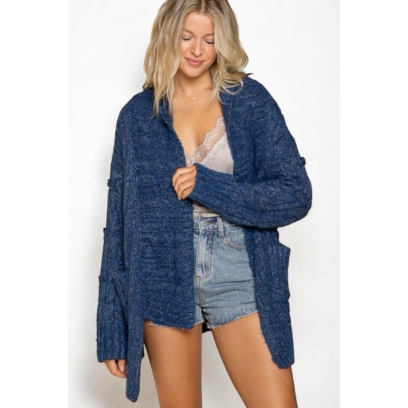 POL Dark Ocean Blue Cable Knit Cardigan - Picture 3 of 7